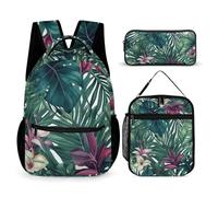 HETVBNS Set di 3 zaini con foglie tropicali, zaino resistente, borsa termica per il pranzo, astuccio portatile per uomini e donne