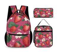 HETVBNS Set di 3 zaini con fragole rosa, zaino resistente, borsa termica per il pranzo, astuccio portatile per uomini e donne