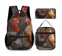 HETVBNS Set di 3 zaini con gallo e pollo, zaino resistente e isolato, borsa per il pranzo, astuccio portatile per uomini e donne