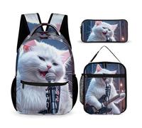 HETVBNS Set di 3 zaini con gatto cantante, zaino resistente, borsa termica per il pranzo, astuccio portatile per uomini e donne