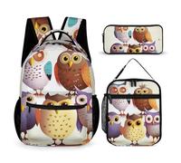 HETVBNS Set di 3 zaini con gufi e uccelli, zaino resistente e isolato, astuccio portatile per uomini e donne