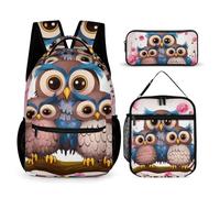 HETVBNS Set di 3 zaini con gufi, zaino resistente e isolato, astuccio portatile per uomini e donne