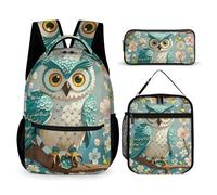 HETVBNS Set di 3 zaini con gufo e fiori primaverili turchesi, zaino resistente, borsa termica per il pranzo, astuccio portatile per uomini e donne