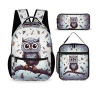 HETVBNS Set di 3 zaini con gufo e rami di albero, zaino resistente, borsa termica per il pranzo, astuccio portatile per uomini e donne