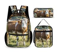 HETVBNS Set di 3 zaini con immagini di mucche della fattoria, zaino resistente, borsa termica per il pranzo, astuccio portatile per uomini e donne