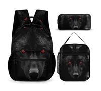 HETVBNS Set di 3 zaini con lupo dagli occhi rossi e neri, resistenti, borsa termica per il pranzo, astuccio portatile per uomini e donne