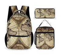 HETVBNS Set di 3 zaini con mappa antica del mondo, zaino resistente e isolato, astuccio portatile per uomini e donne