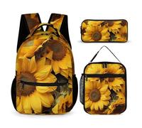 HETVBNS Set di 3 zaini con molti girasoli, zaino resistente, borsa termica per il pranzo, astuccio portatile per uomini e donne