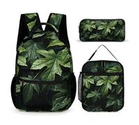 HETVBNS Set di 3 zaini con motivo a foglie verdi, zaino resistente e isolato, astuccio portatile per uomini e donne