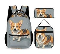 HETVBNS Set di 3 zaini con motivo Corgi con motivo Corgi, zaino resistente, borsa termica per il pranzo, astuccio portatile per uomini e donne