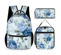 HETVBNS Set di 3 zaini con motivo floreale blu con rose, zaino resistente e isolato, astuccio portatile per uomini e donne