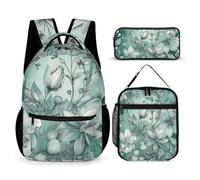 HETVBNS Set di 3 zaini con motivo floreale, colore verde menta, resistente, borsa termica per il pranzo, astuccio portatile per uomini e donne
