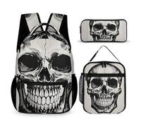HETVBNS Set di 3 zaini con motivo teschio nero, zaino resistente, borsa termica per il pranzo, astuccio portatile per uomini e donne