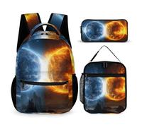 HETVBNS Set di 3 zaini con pianeti del fuoco e dell'acqua, zaino resistente, borsa termica per il pranzo, astuccio portatile per uomini e donne