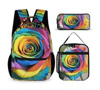 HETVBNS Set di 3 zaini con rosa arcobaleno, zaino resistente, borsa termica per il pranzo, astuccio portatile per uomini e donne