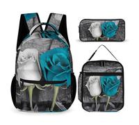 HETVBNS Set di 3 zaini con rose grigie color foglia di tè, zaino resistente, borsa termica per il pranzo, astuccio portatile per uomini e donne