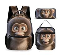 HETVBNS Set di 3 zaini con scimmie marroni, resistenti, isolati, portapranzo, astuccio portatile, per uomini e donne
