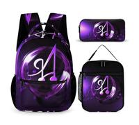 HETVBNS Set di 3 zaini con simboli musicali viola, zaino resistente e isolato, astuccio portatile per uomini e donne