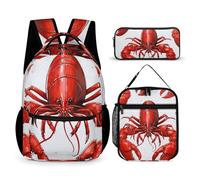 HETVBNS Set di 3 zaini con stampa aragosta rossa, zaino resistente, borsa termica per il pranzo, astuccio portatile per uomini e donne