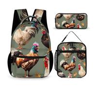 HETVBNS Set di 3 zaini con stampa di pollo e gallo, zaino resistente e isolato, astuccio portatile per uomini e donne