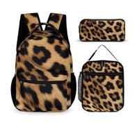 HETVBNS Set di 3 zaini con stampa leopardata ruvida, resistente, borsa termica per il pranzo, astuccio portatile per uomini e donne