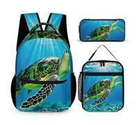 HETVBNS Set di 3 zaini con tartaruga che nuota nel mare, zaino resistente, borsa termica per il pranzo, astuccio portatile per uomini e donne