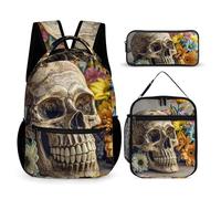 HETVBNS Set di 3 zaini con teschio antico e fiori, zaino resistente e isolato, astuccio portatile per uomini e donne