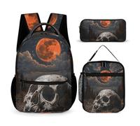 HETVBNS Set di 3 zaini con teschio e notte, zaino resistente e isolato, astuccio portatile per uomini e donne