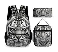 HETVBNS Set di 3 zaini con tigre bianca e nera, zaino resistente, borsa termica per il pranzo, astuccio portatile per uomini e donne