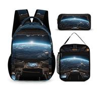HETVBNS Set di 3 zaini con vista sullo spazio esterno dall'astronave, zaino resistente, borsa termica per il pranzo, astuccio portatile per uomini e donne