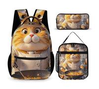 HETVBNS Set di 3 zaini da cuoco a forma di gatto, zaino resistente, borsa termica per il pranzo, astuccio portatile per uomini e donne