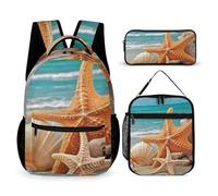 HETVBNS Set di 3 zaini da spiaggia con stelle marine, conchiglie, zaino resistente, borsa termica per il pranzo, astuccio portatile per uomini e donne