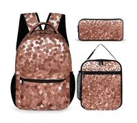 HETVBNS Set di 3 zaini glitterati color oro rosa, resistenti, borsa termica per il pranzo, astuccio portatile per uomini e donne