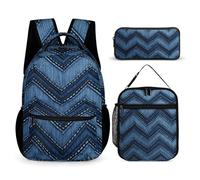 HETVBNS Set di 3 zaini in denim blu sfumato, resistente, borsa termica per il pranzo, astuccio portatile per uomini e donne