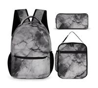 HETVBNS Set di 3 zaini in marmo nero chiaro, resistente, borsa termica per il pranzo, astuccio portatile per uomini e donne
