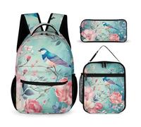 HETVBNS Set di 3 zaini in stile fiore e uccello, zaino resistente, borsa termica per il pranzo, astuccio portatile per uomini e donne