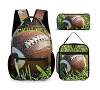HETVBNS Set di 3 zaini marroni da calcio verde d'erba, zaino resistente e isolato, astuccio portatile per uomini e donne
