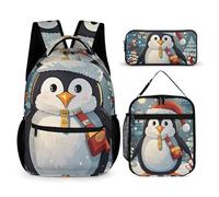 HETVBNS Set di 3 zaini natalizi divertenti con pinguino, zaino resistente, borsa termica per il pranzo, astuccio portatile per uomini e donne