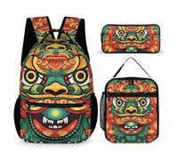 HETVBNS Set di 3 zaini per Capodanno con leone cinese, zaino resistente, borsa termica per il pranzo, astuccio portatile per uomini e donne