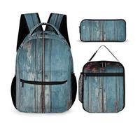 HETVBNS Set di 3 zaini vintage in legno blu, zaino resistente e isolato, borsa per il pranzo, astuccio portatile per uomini e donne