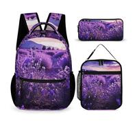HETVBNS Set di 3 zaini viola lavanda, zaino resistente e isolato, astuccio portatile per uomini e donne