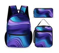 HETVBNS Set di 3 zaini viola ondulati, zaino resistente e isolato, astuccio portatile per uomini e donne