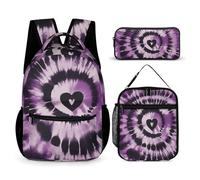 HETVBNS Set di 3 zaini viola tie dye, zaino resistente e isolato, borsa per il pranzo, astuccio portatile per uomini e donne
