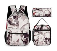 HETVBNS Sketchy Skulls Set di 3 pezzi, zaino resistente isolato, borsa per il pranzo, astuccio portatile per uomini e donne