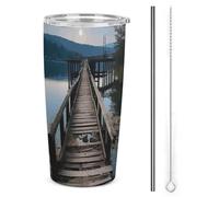 HETVBNS The Water - Bicchiere da caffè isolato sottovuoto, in acciaio inox, con cannuccia e coperchio, a prova di perdite, da 590 ml, con cavalletto in legno