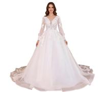 HEULORIA Abito da Sposa A Line Scollo a V Perline Pizzo Manica Lunga Grand Vestito da Sposa Lungo Treno AL-656 (IT, Numero, 50, Plus, Regular, White)