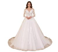 HEULORIA Abito da Sposa Boho A Line Scollo a V Manica Lunga Pizzo Grand Vestito da Sposa Lungo Treno AL-817 (IT, Numero, 50, Plus, Regular, Ivory)
