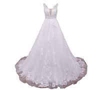 HEULORIA Abito da Sposa Boho A Line Scollo a V Perline Pizzo Grand Vestito da Sposa Lungo Treno AL-N-OF8194 (32, White)