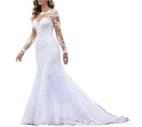 HEULORIA Abito da Sposa Sirena Perline Pizzo Scollo Rotondo Manica Lunga Grand Vestito da Sposa Lungo Treno Me-0325 (36, White)