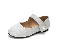 HEVA Scarpe classiche Mary-Jane per ragazze con velcro, scarpe basse per abiti da sposa scarpe da scuola, argento glitterato, 25 EU